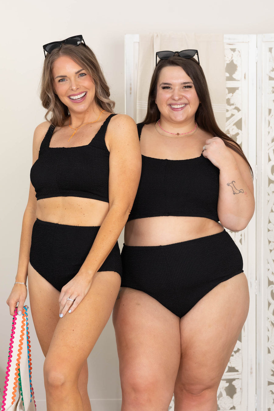 Black Ribbed Square Neck Two Piece Swimsuit
