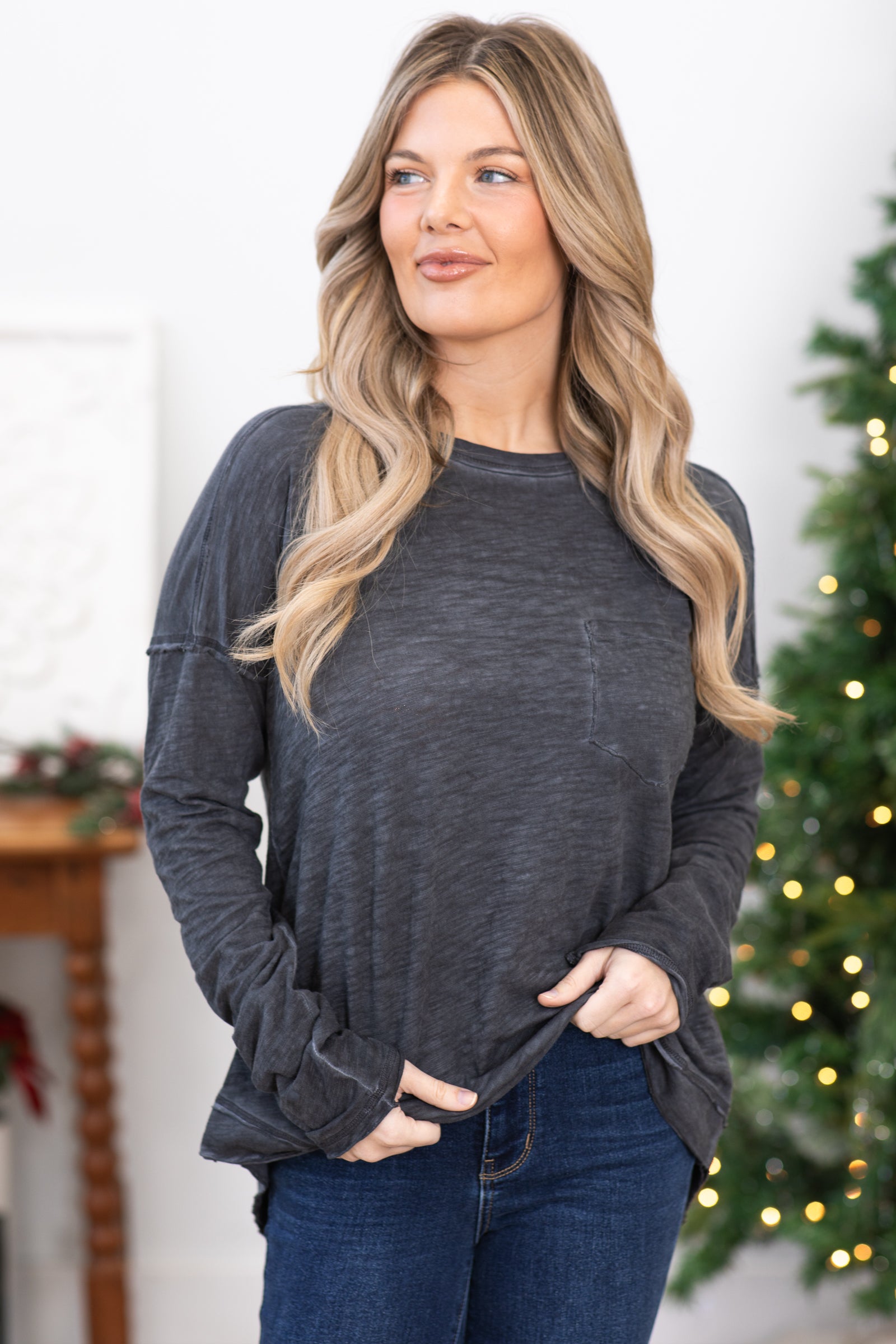 Charcoal Burnout Top With Pocket