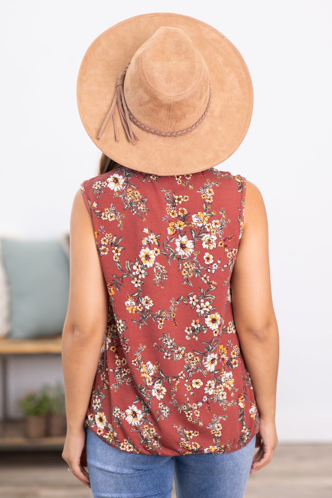 Rust and Mustard Floral Print V-Neck Tank - Filly Flair