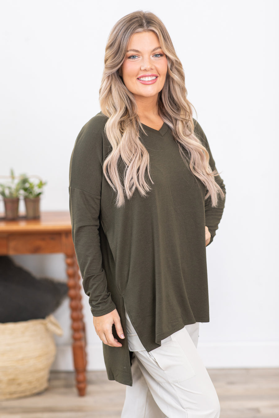 Olive Long Sleeve Top With Side Slits