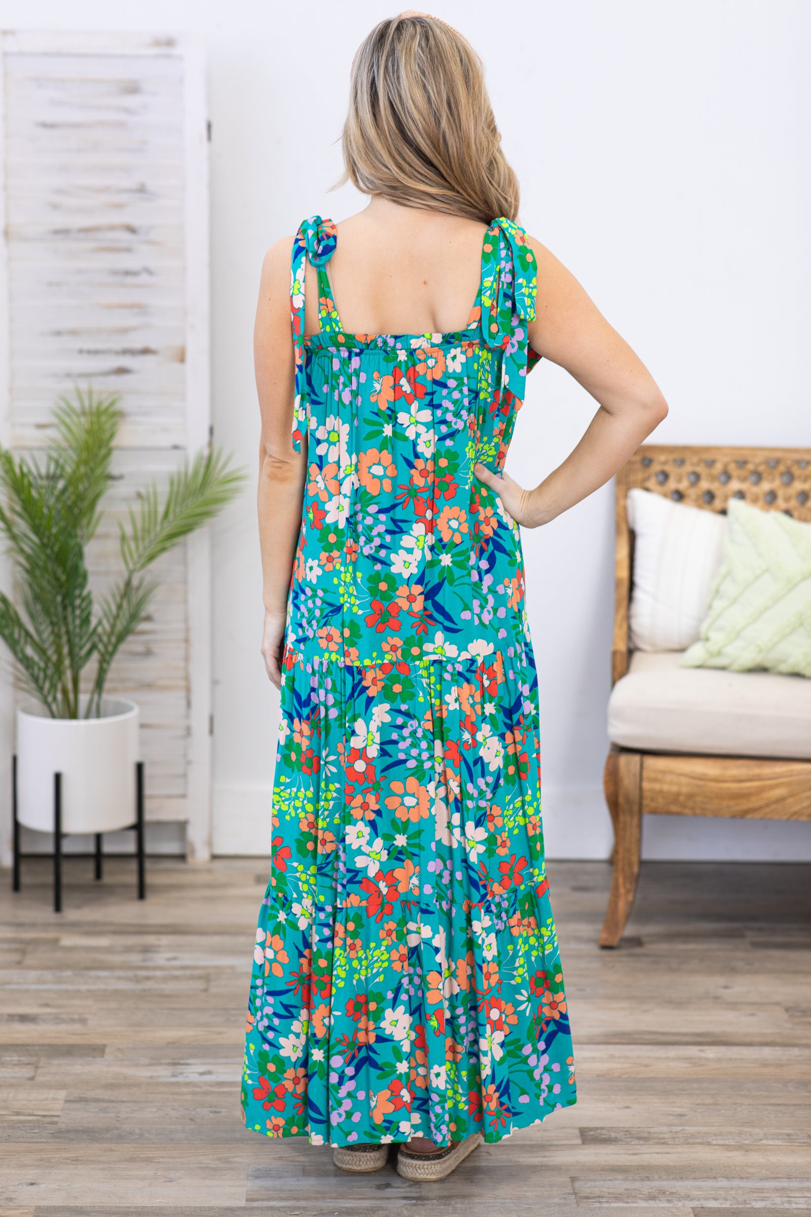 Teal Multicolor Floral Print Maxi Dress