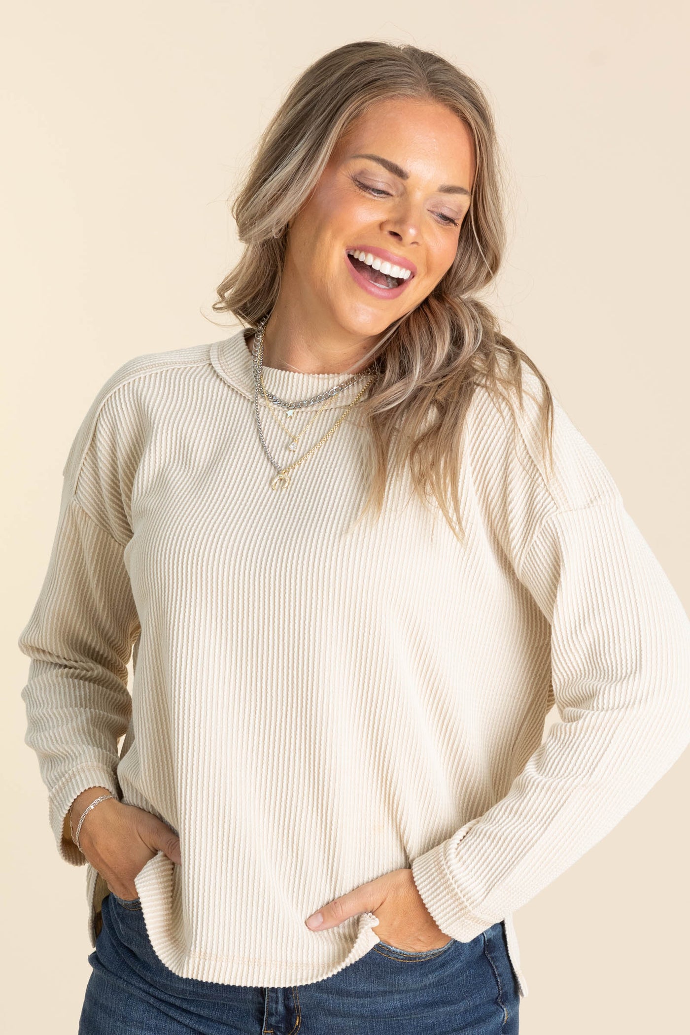 Crewneck Ribbed Long Sleeve Knit Tops