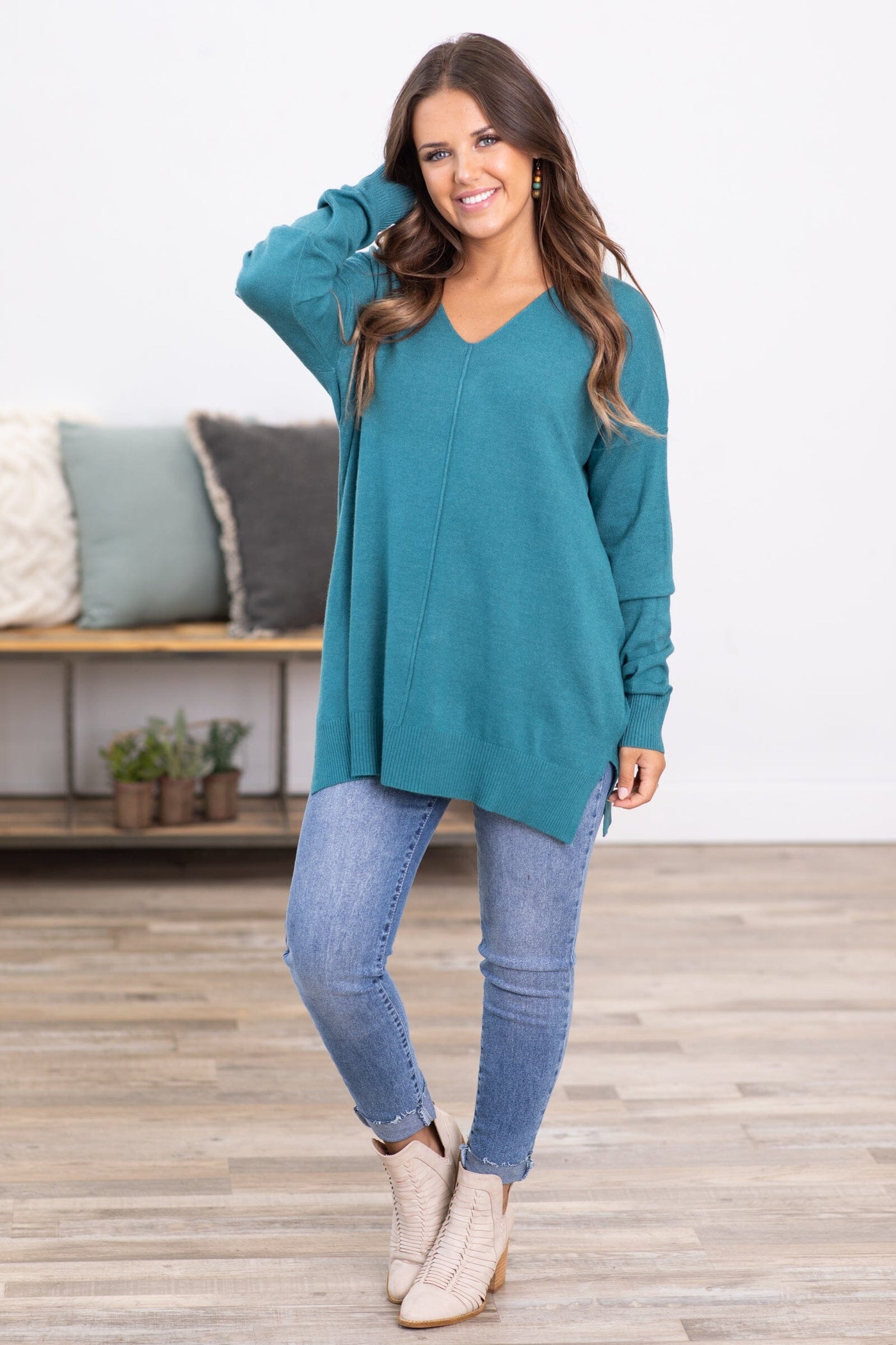 Dark Teal Front Seam Garment Dyed Sweater - Filly Flair