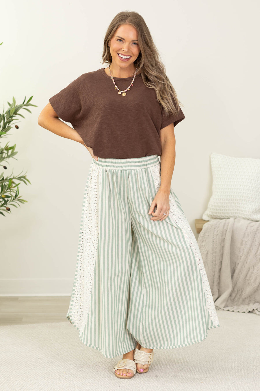 Dark Sage Floral Eyelet Side Elastic Wide Leg Pants