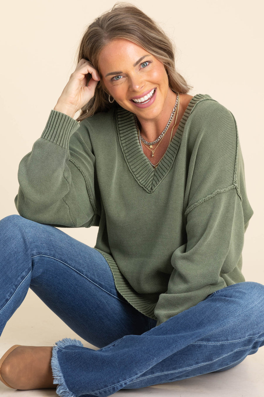 Olive Washed V-Neck Long Sleeve Sweater