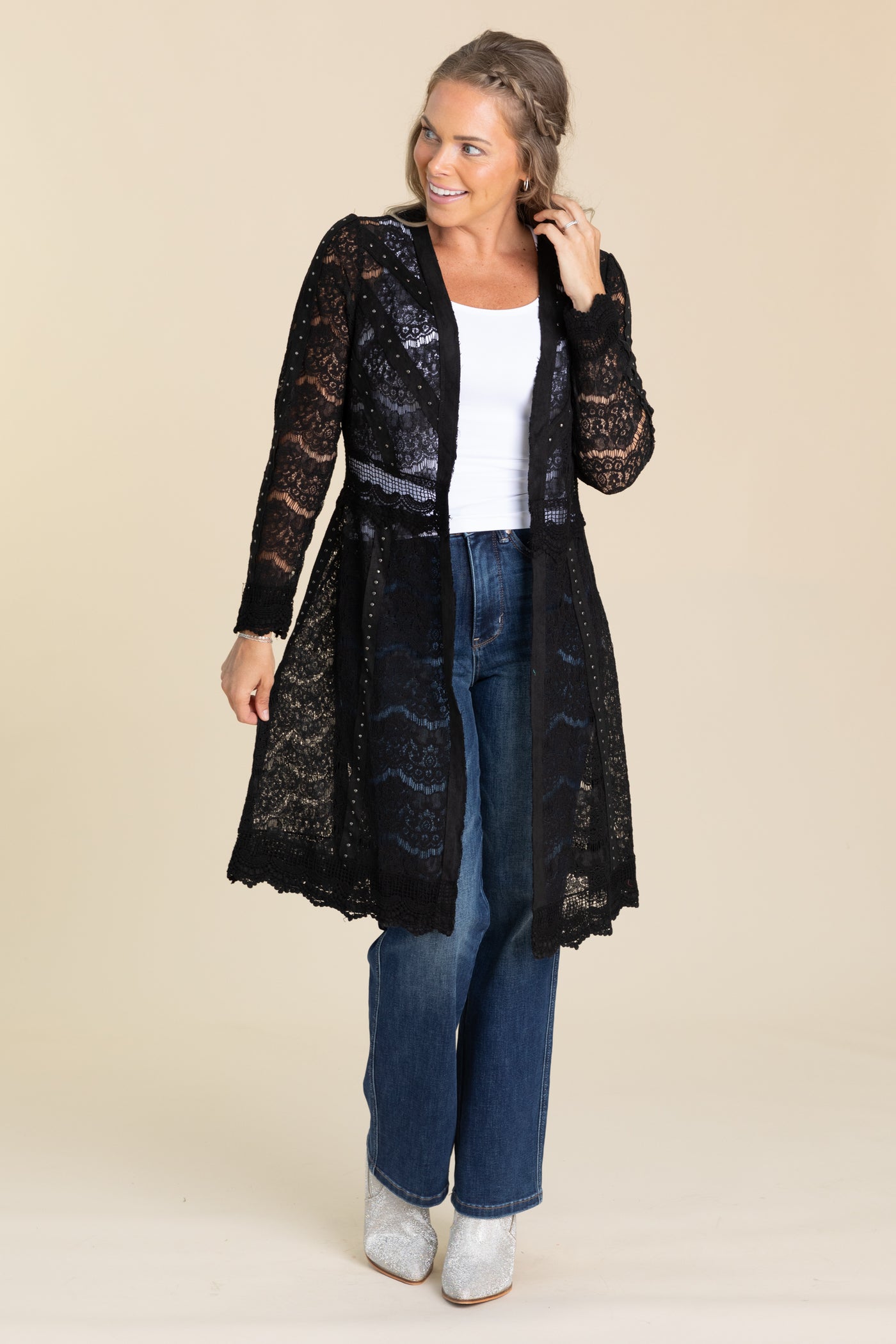 Black Scalloped Hem Lace Knit Cardigan
