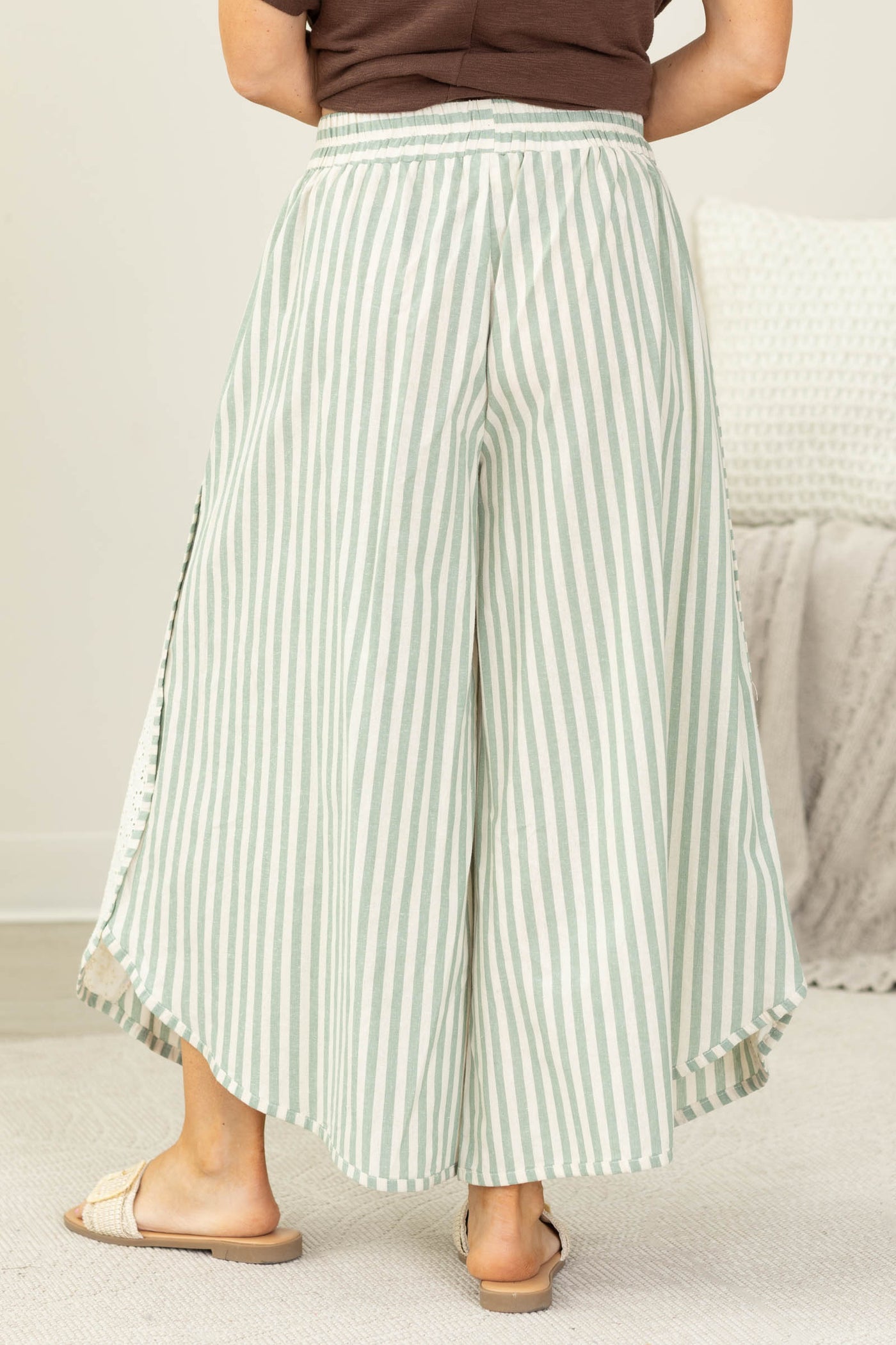 Dark Sage Floral Eyelet Side Elastic Wide Leg Pants