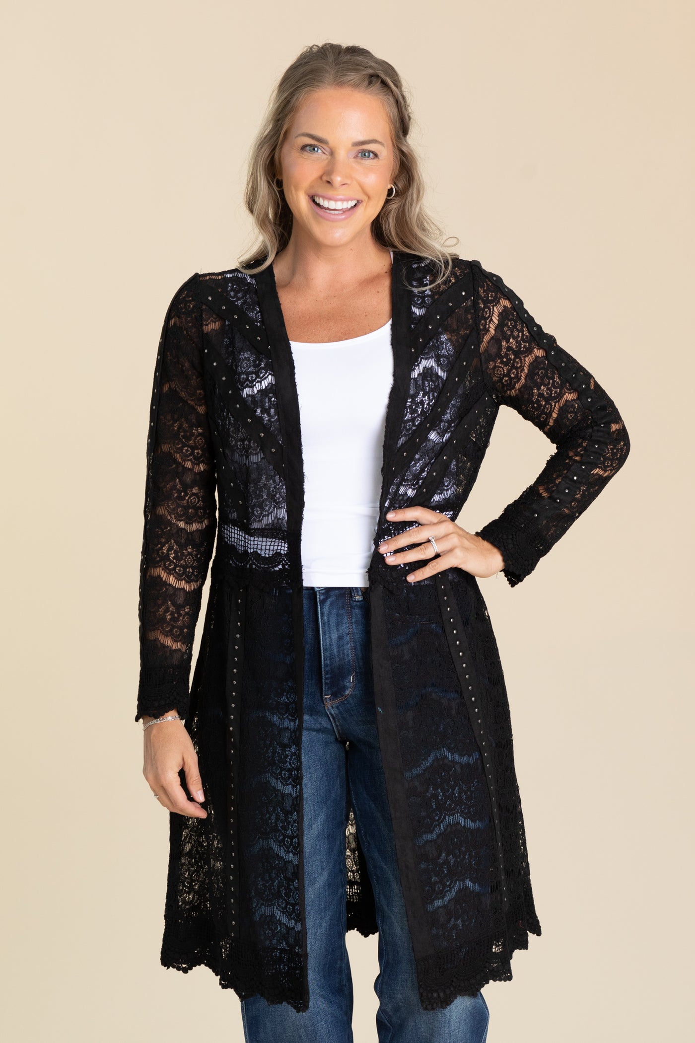 Black Scalloped Hem Lace Knit Cardigan