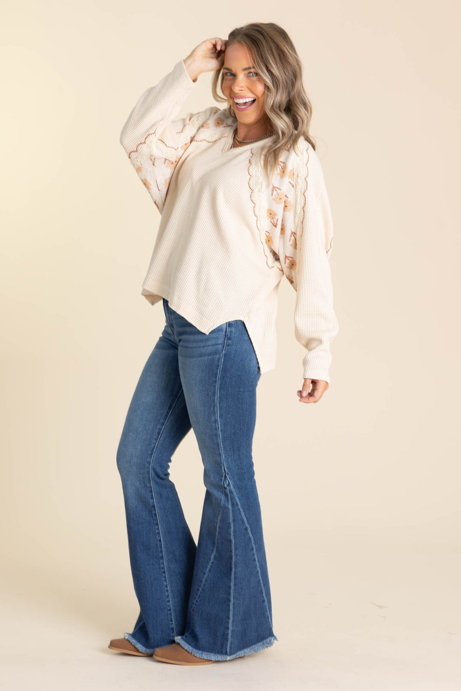 Beige Thermal Knit Top Floral Embroidery Lace