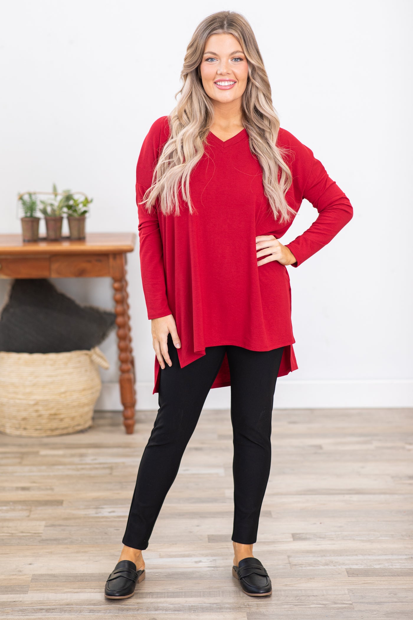 Red Long Sleeve Top With Side Slits