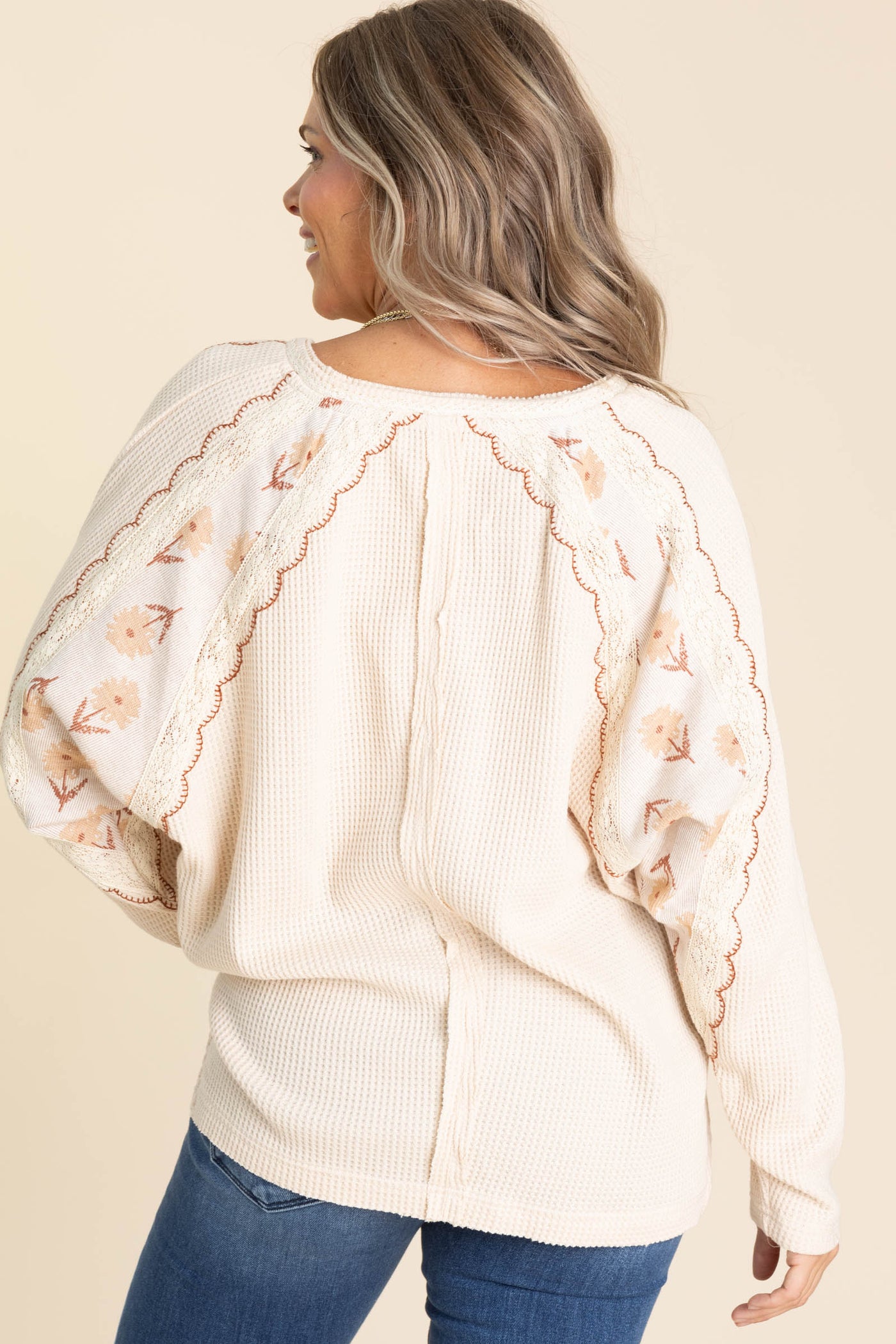 Beige Thermal Knit Top Floral Embroidery Lace