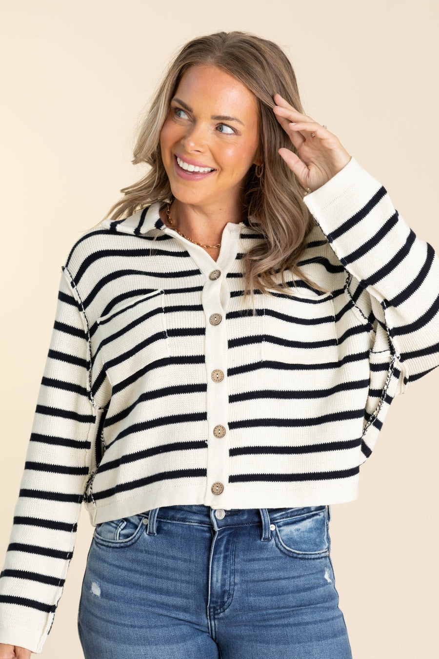 Cream Stripe Collared Exposed Seam Cardigan