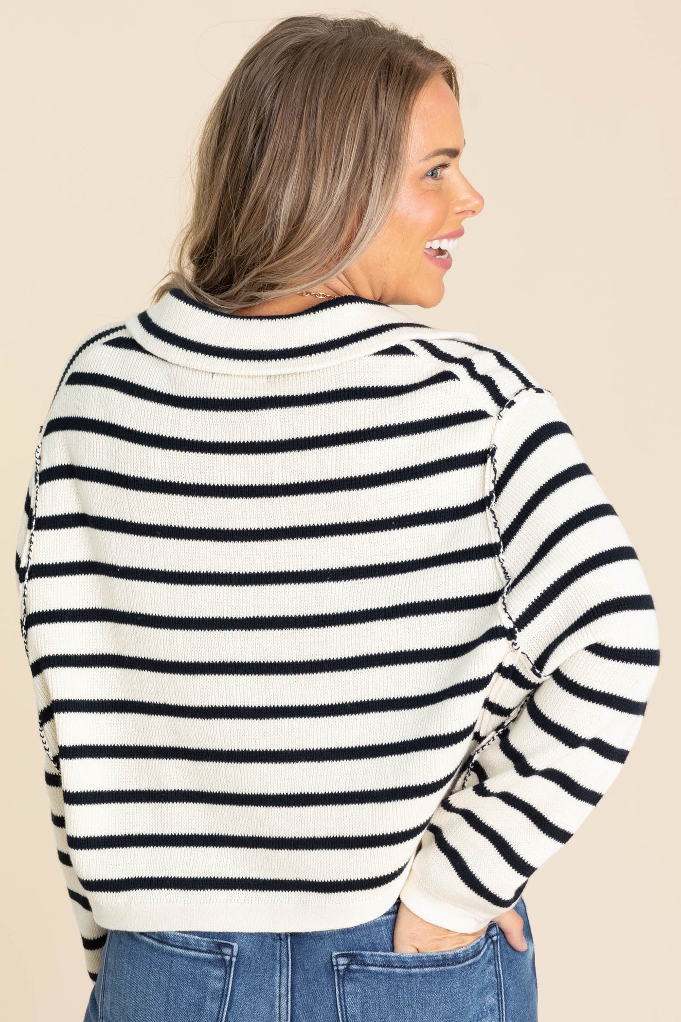 Cream Stripe Collared Exposed Seam Cardigan