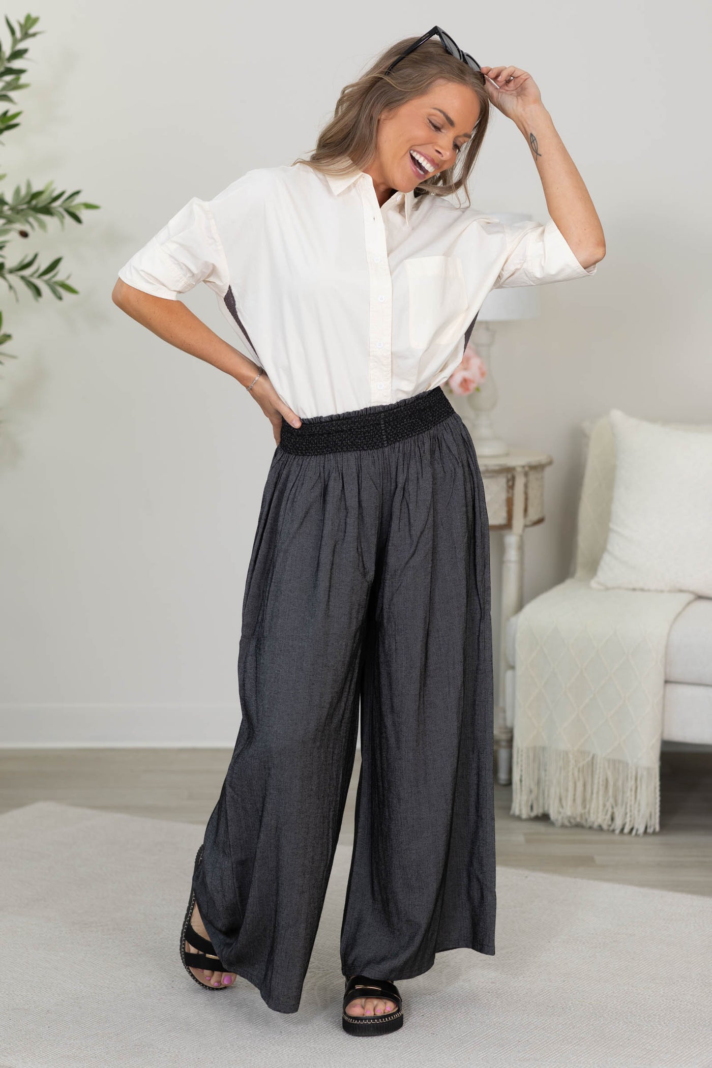 Cotierra Linen-Blend Smocked Waist Wide Pants With Pockets