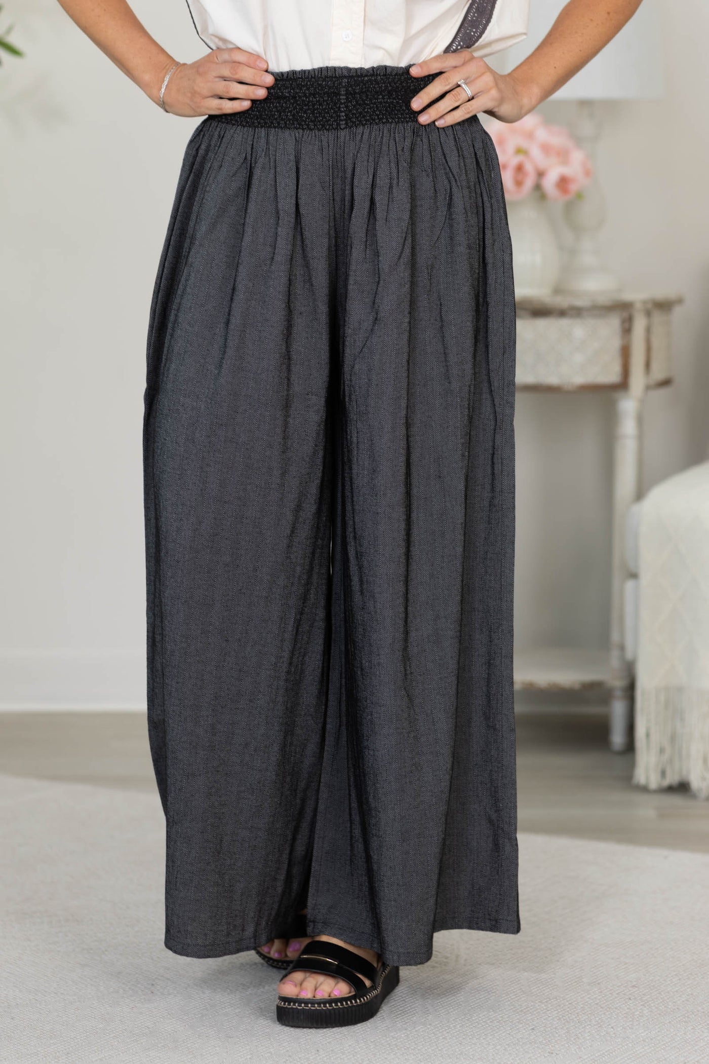 Cotierra Linen-Blend Smocked Waist Wide Pants With Pockets
