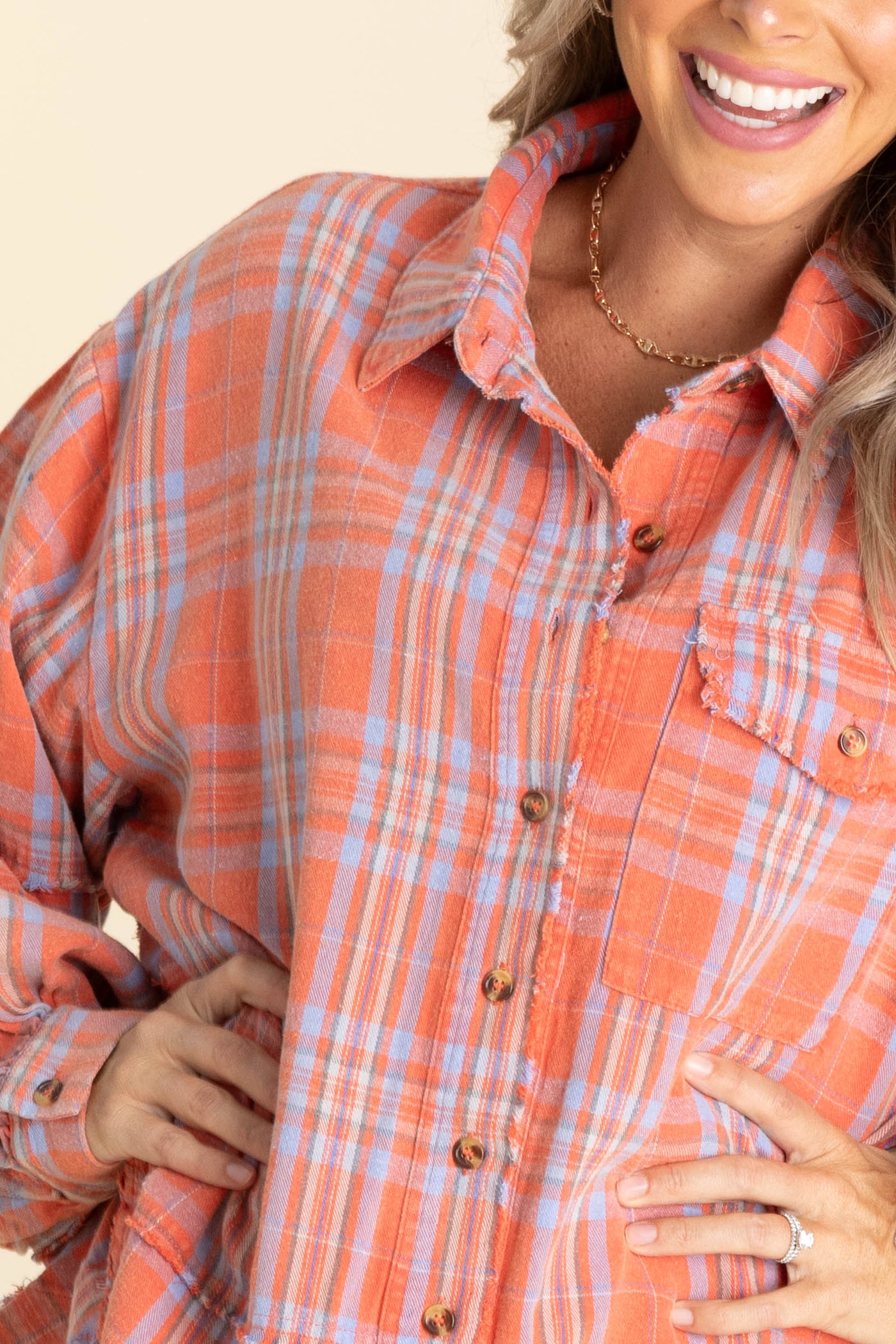 Coral Mineral Washed Plaid Button Up Top