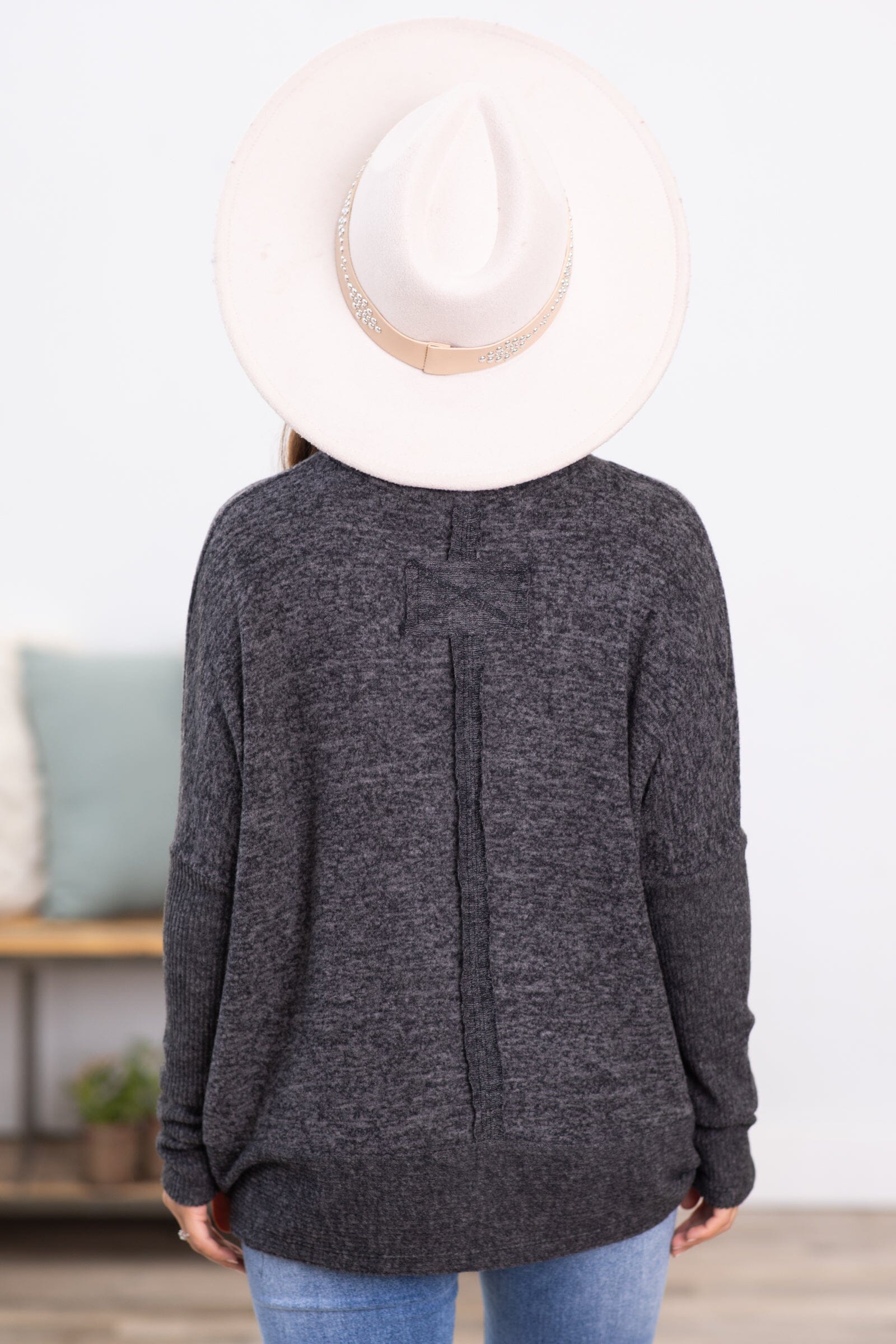 Charcoal Melange Hacci Knit Dolman Sleeve Top - Filly Flair