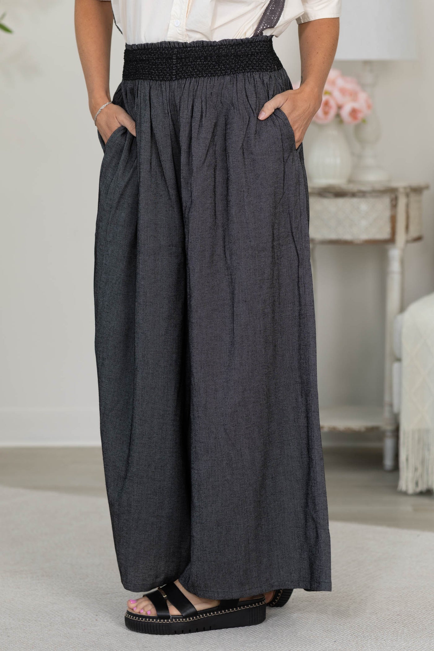 Cotierra Linen-Blend Smocked Waist Wide Pants With Pockets