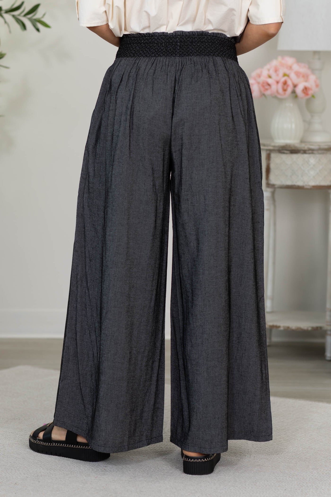 Cotierra Linen-Blend Smocked Waist Wide Pants With Pockets