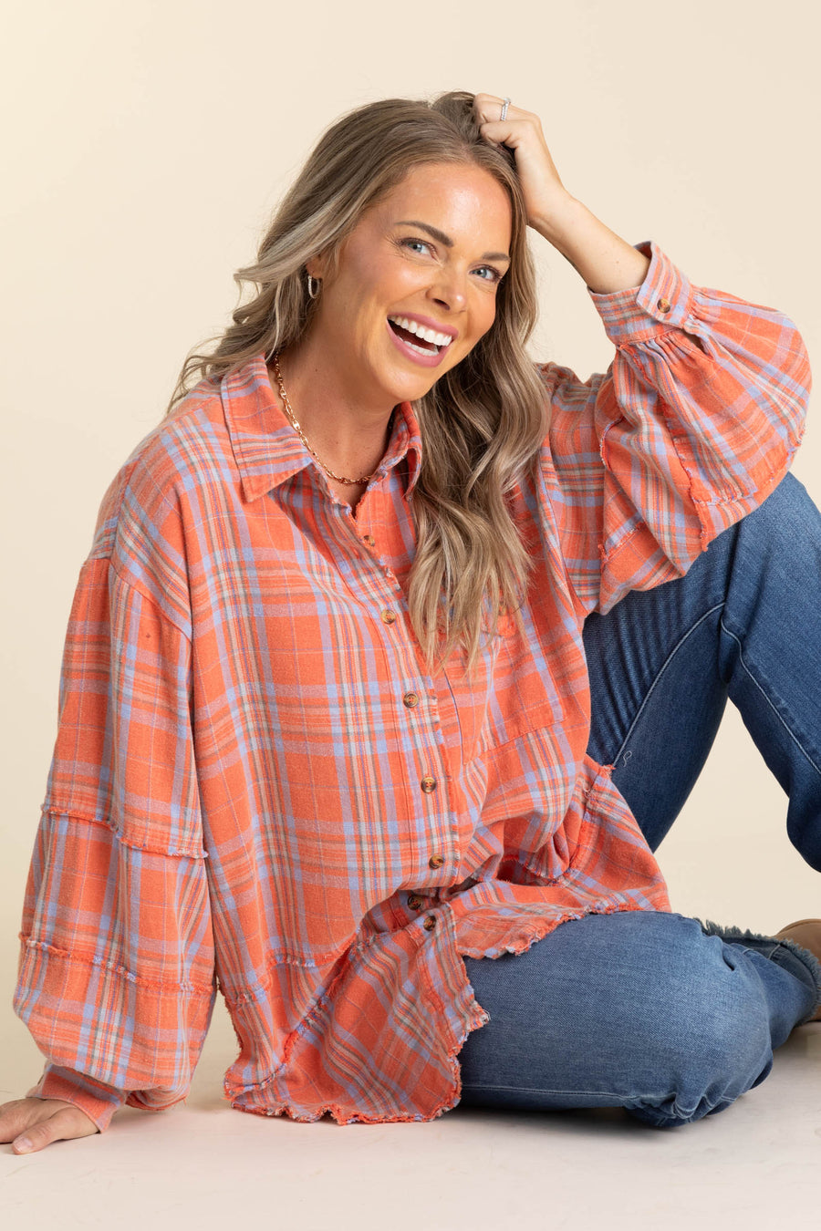 Coral Mineral Washed Plaid Button Up Top