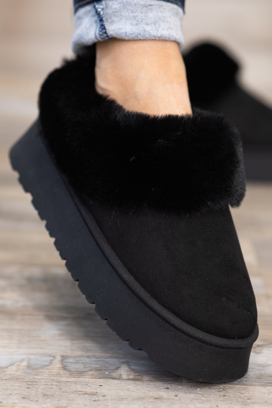 Black Faux Fur Lined Slip On Shoes