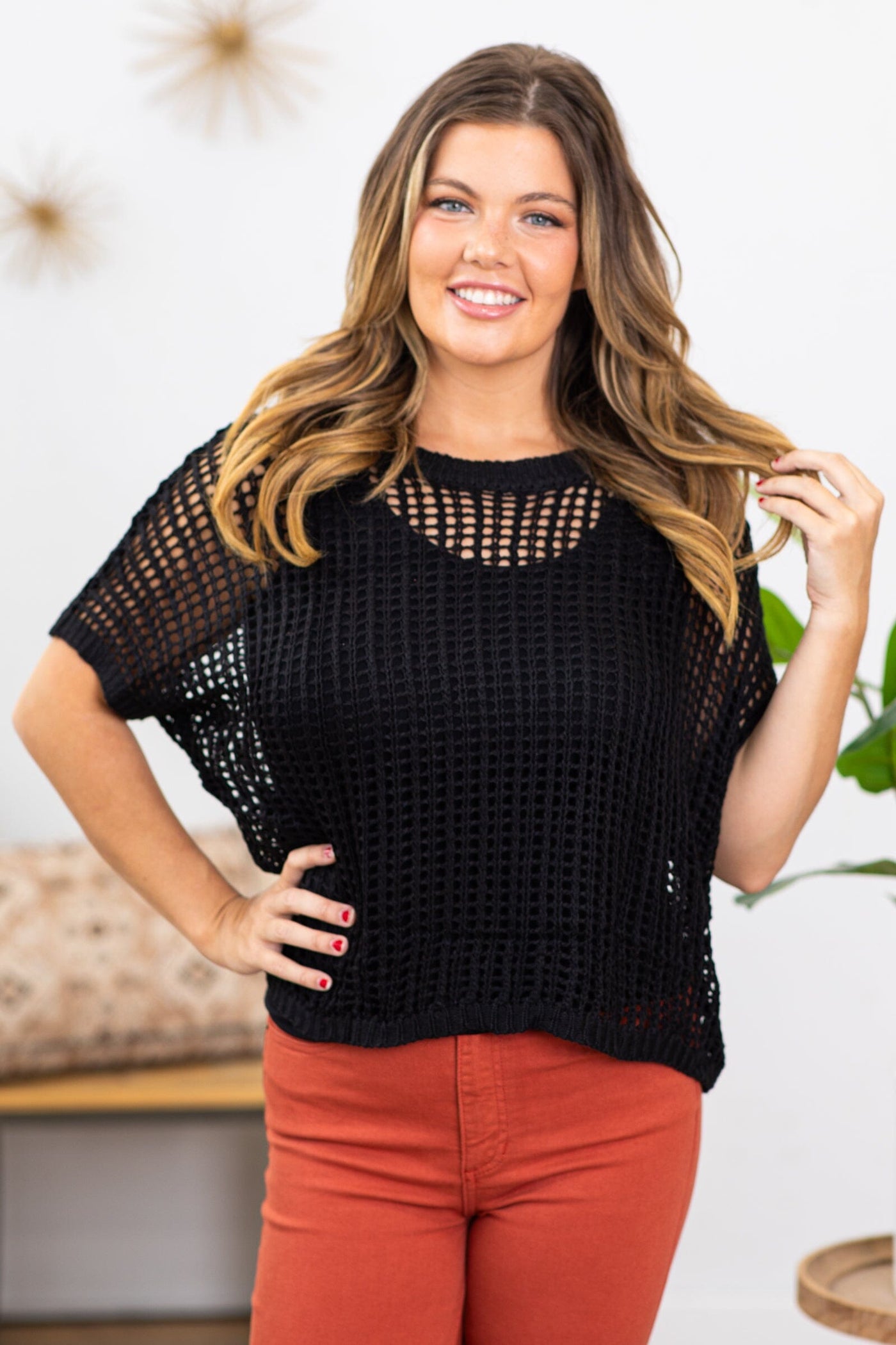 Black Fishnet Ribbed Trim Top - Filly Flair
