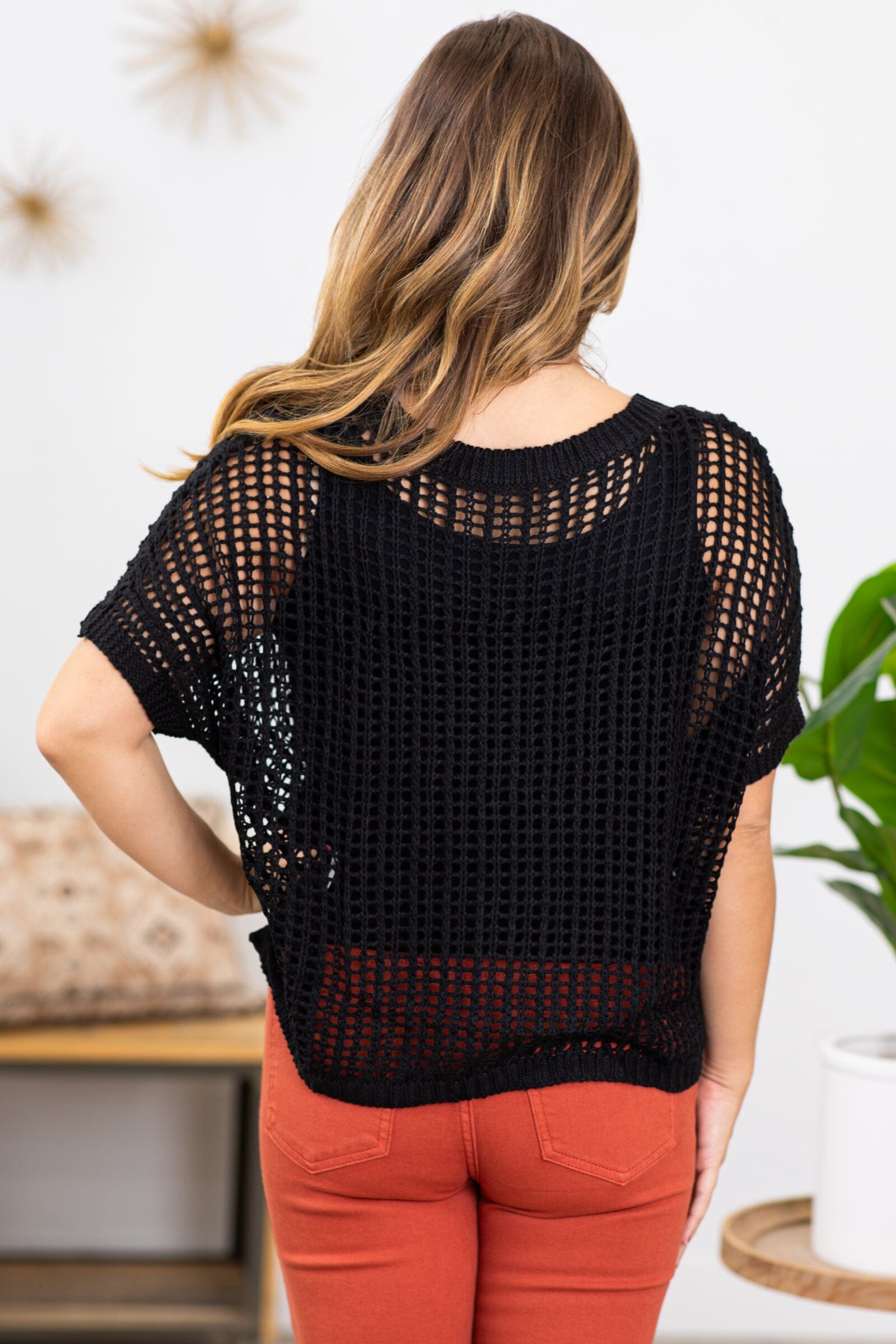 Black Fishnet Ribbed Trim Top - Filly Flair