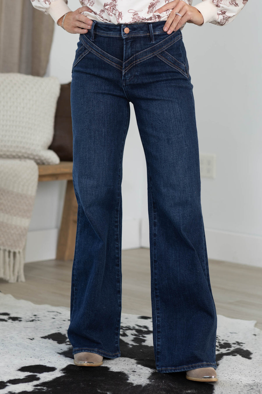 Risen Dark Wash High Rise Wide Leg Yoke Detail