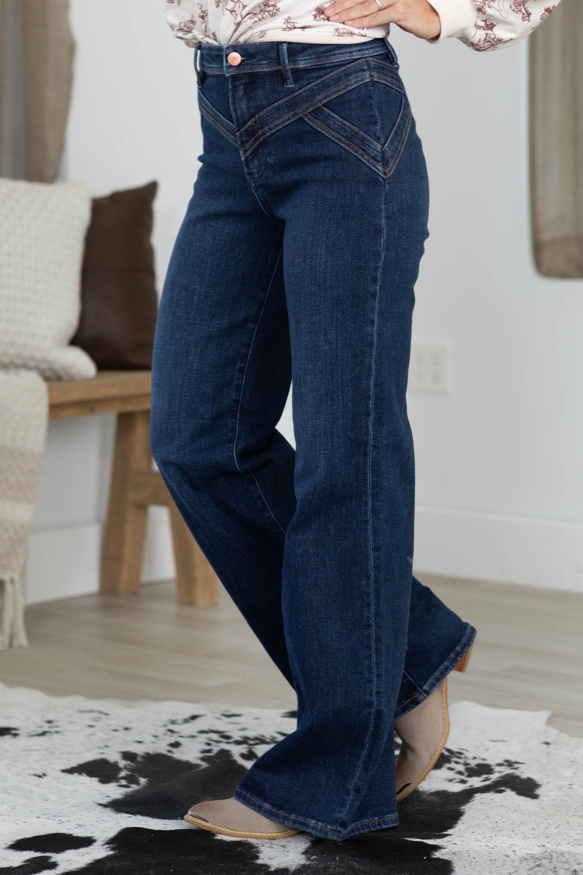 Risen Dark Wash High Rise Wide Leg Yoke Detail