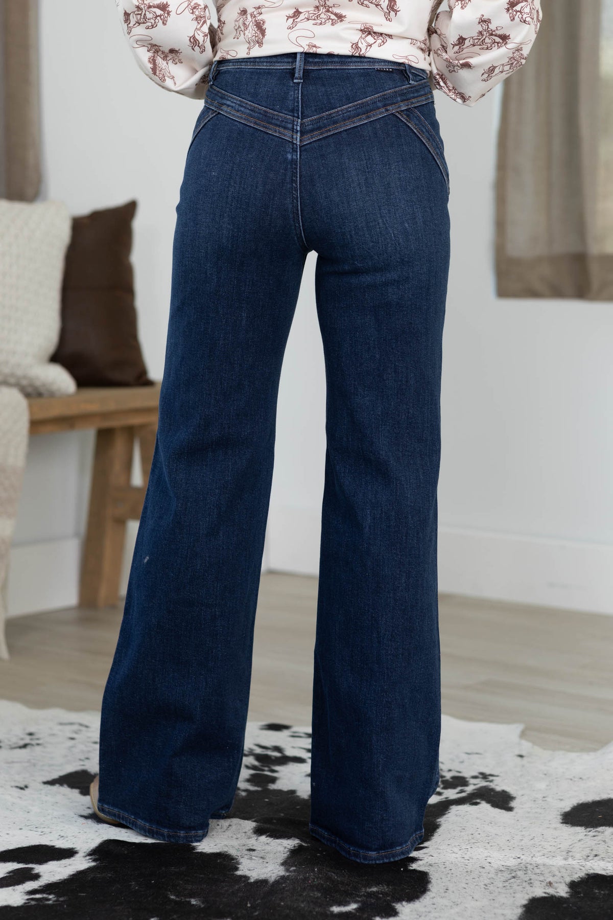 Risen Dark Wash High Rise Wide Leg Yoke Detail