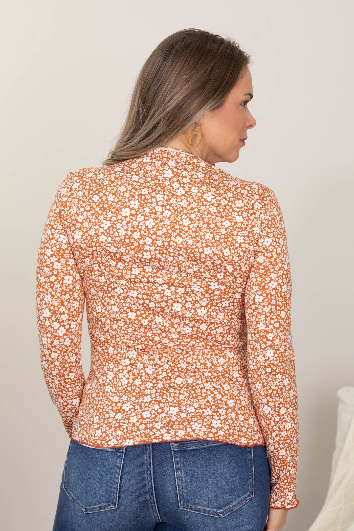 Rust Floral Print Lettuce Hem Top