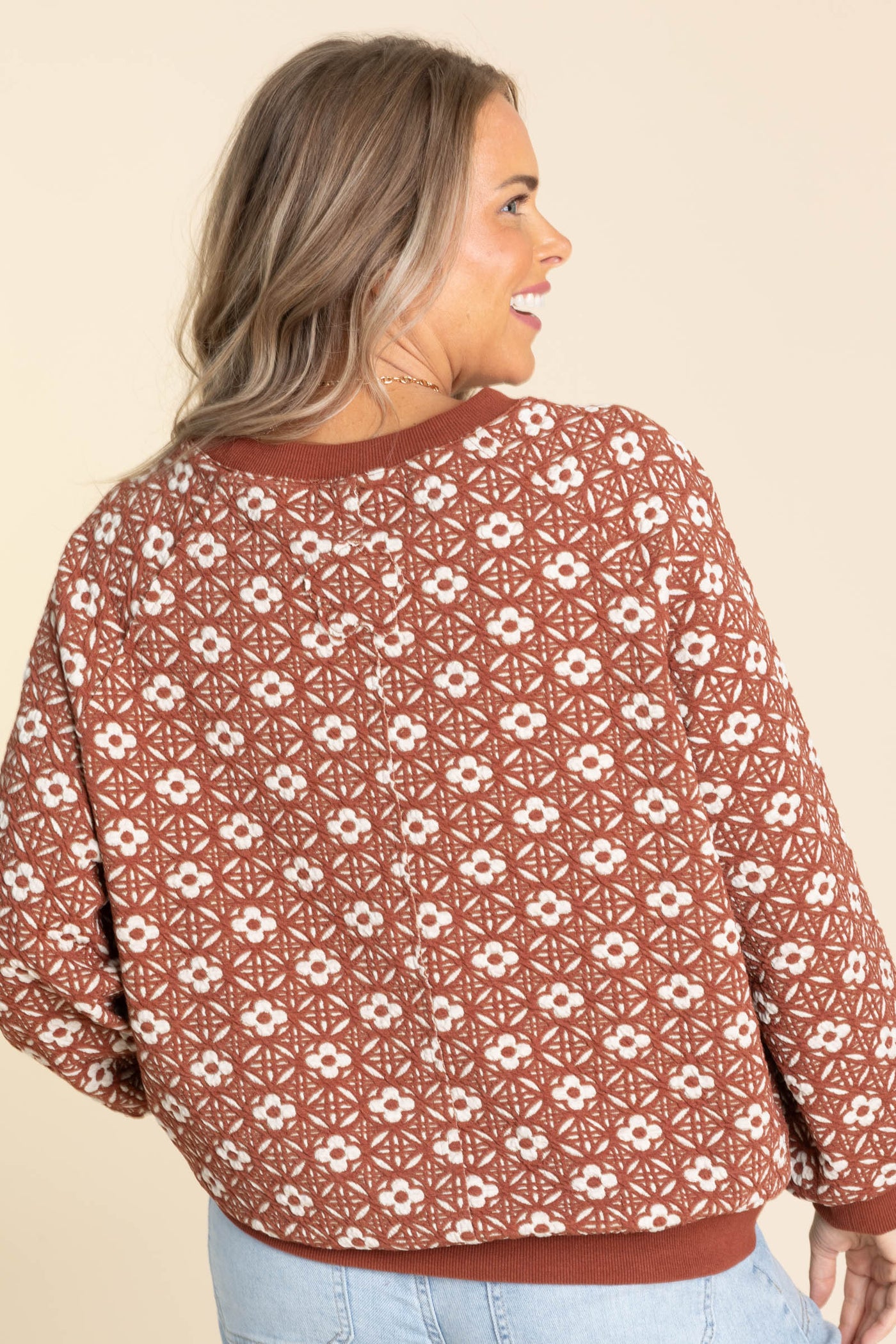 Rust Crewneck Floral Jacquard Knit Top