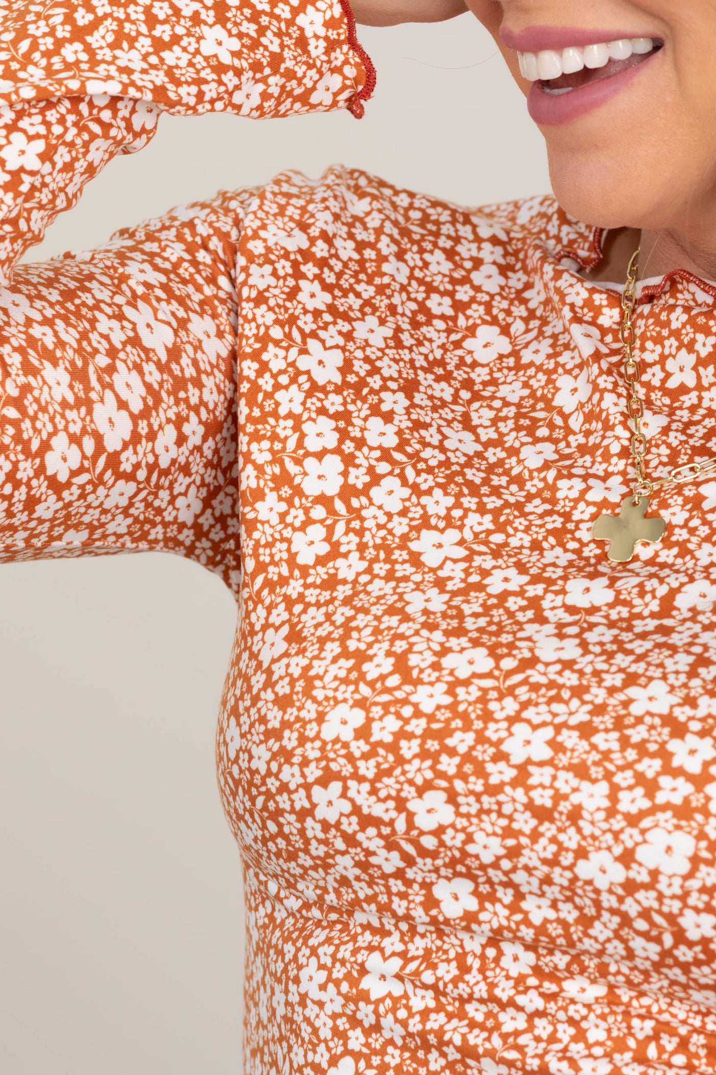 Rust Floral Print Lettuce Hem Top