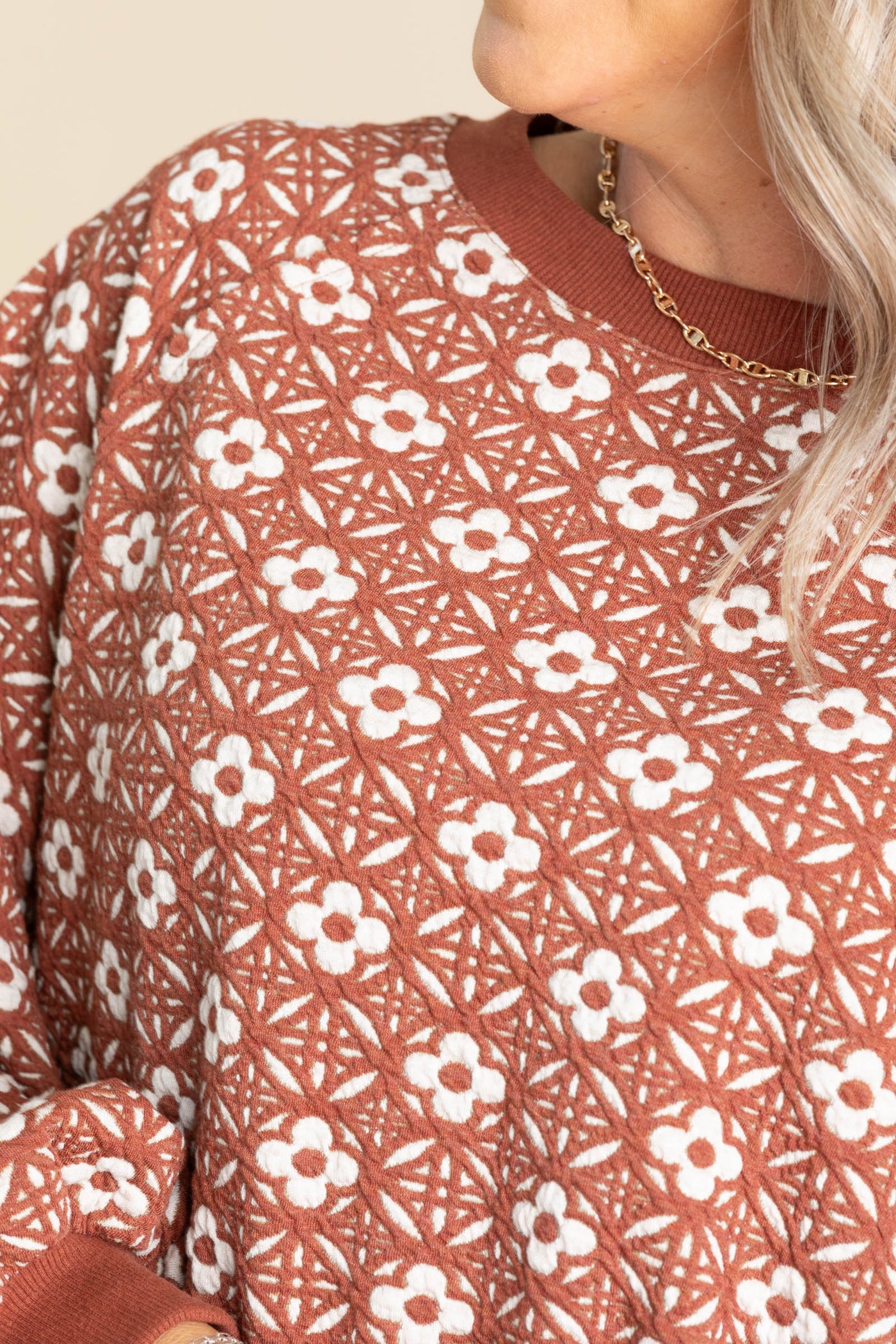 Rust Crewneck Floral Jacquard Knit Top