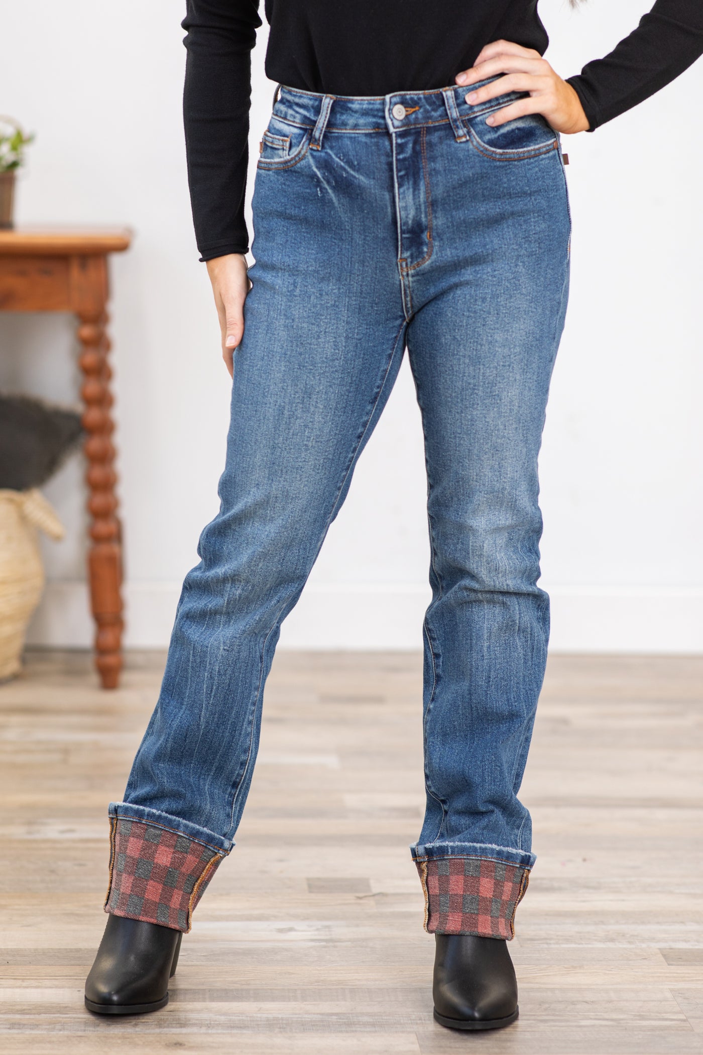Judy Blue Plaid Print Cuff Straight Leg Jeans