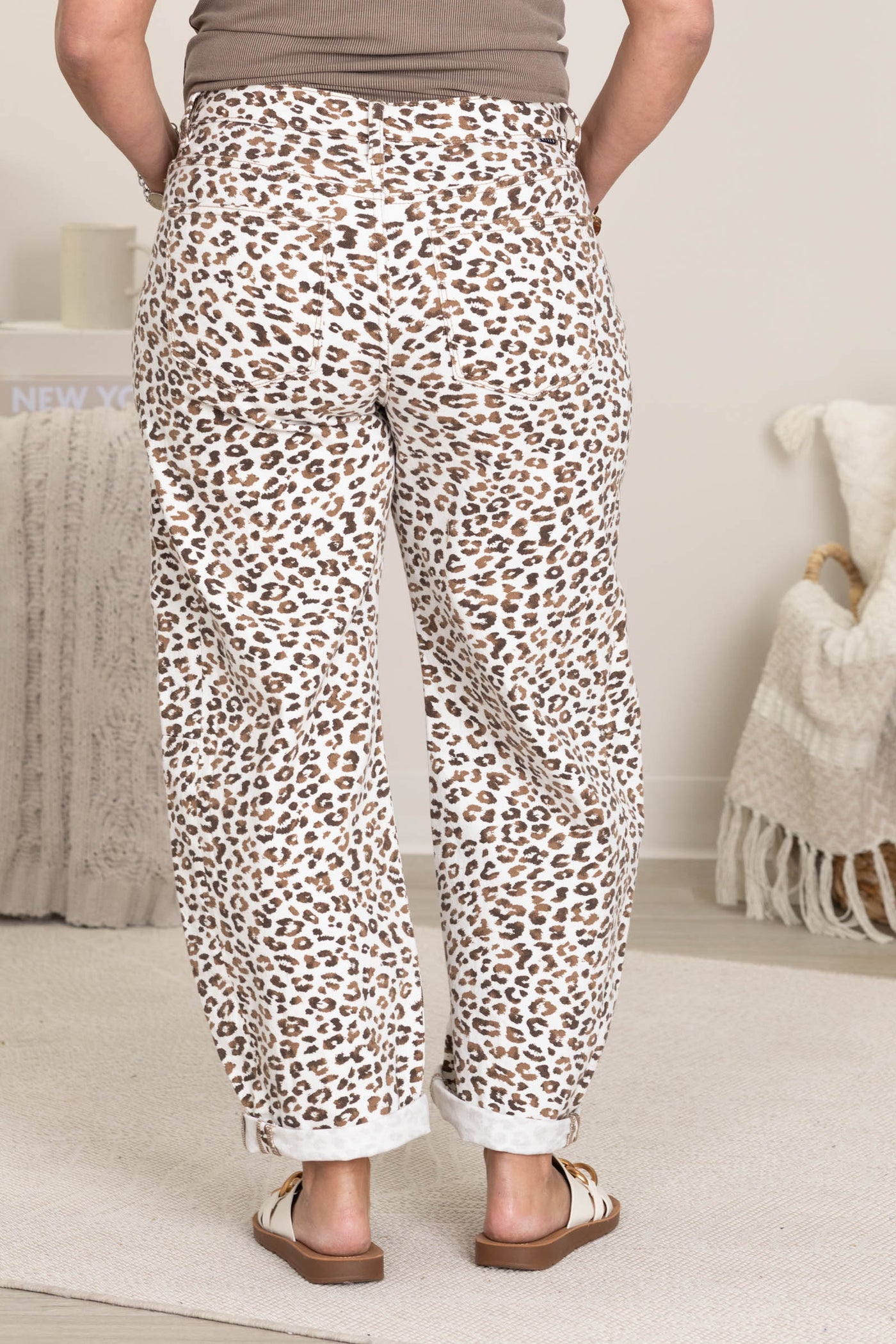 Risen Leopard Cropped Barrel Jeans With Cuffs
