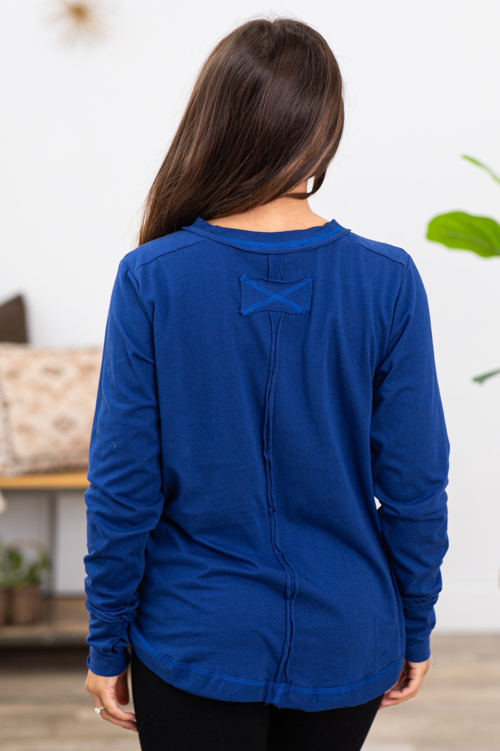 Navy Contrast Stitch Henley Top - Filly Flair
