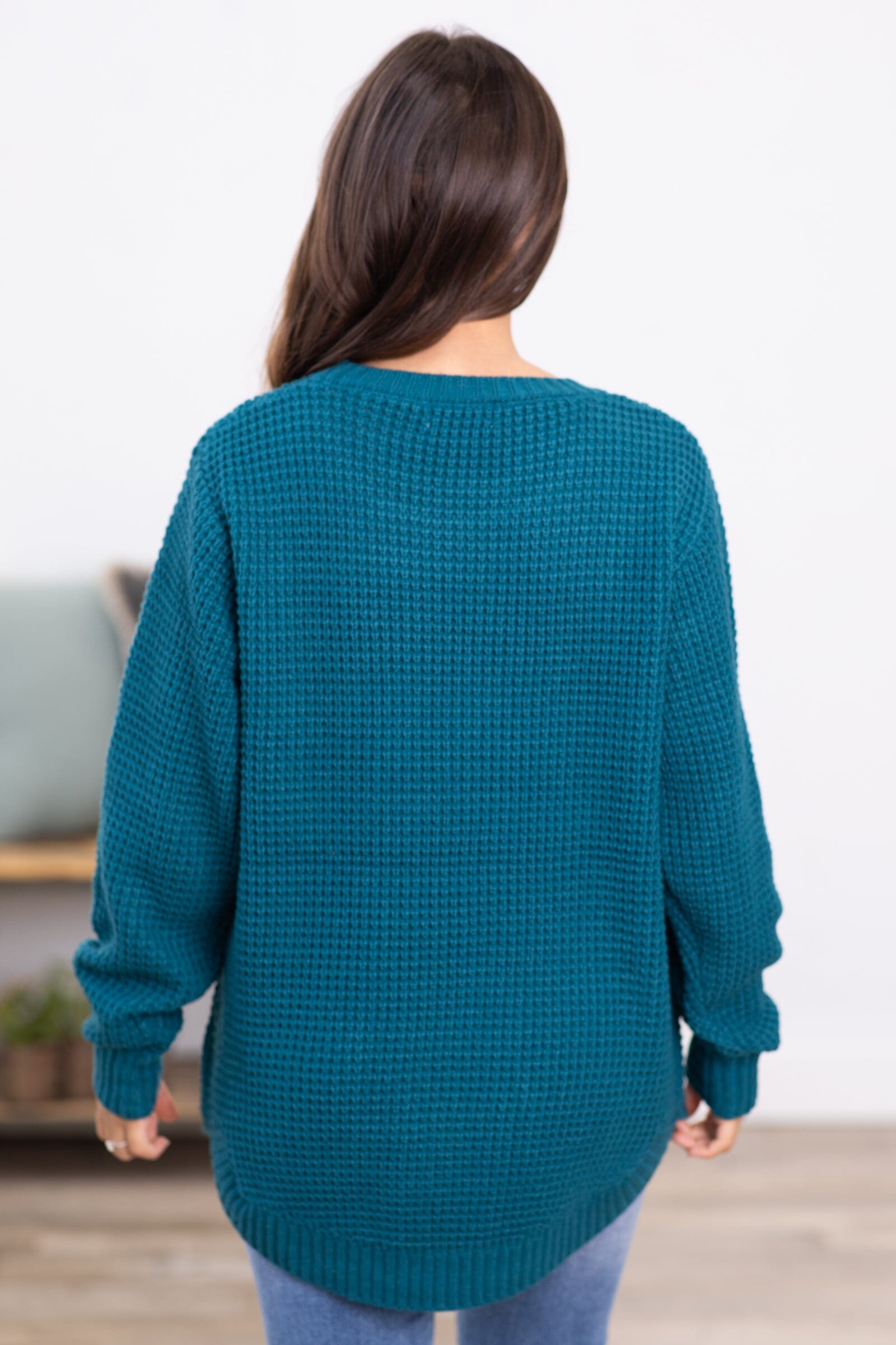 Teal Waffle Knit Round Hem Sweater - Filly Flair