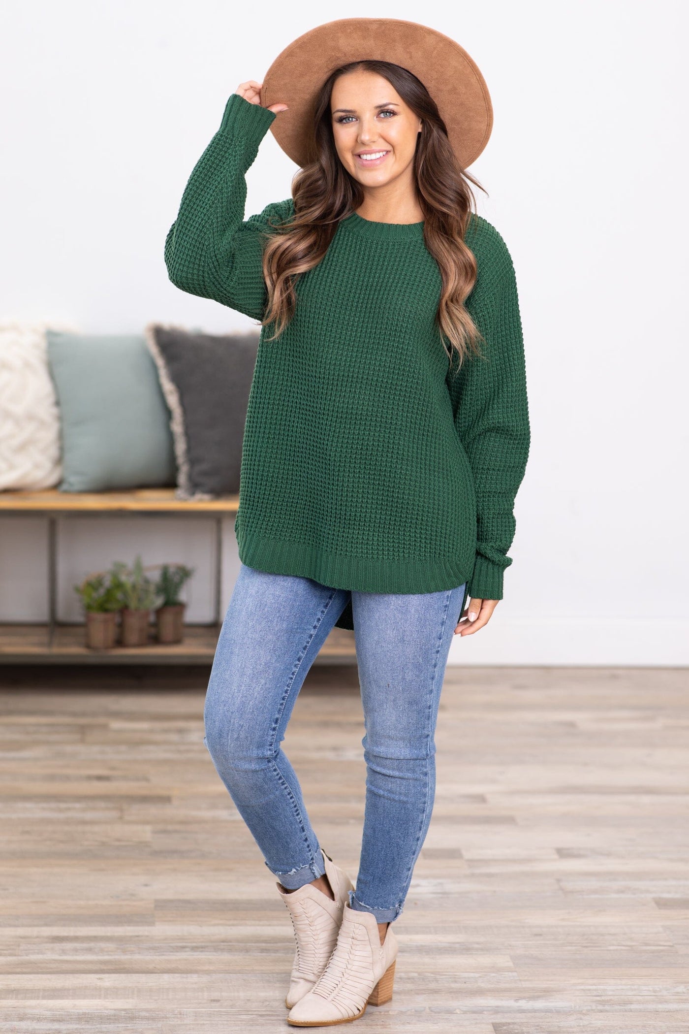 Green Waffle Knit Round Hem Sweater - Filly Flair