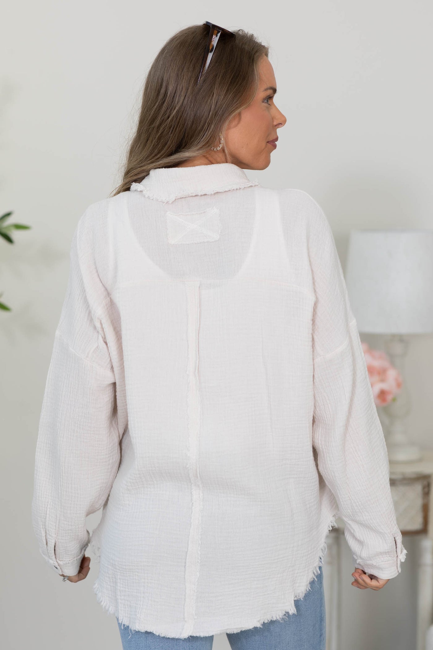 Gauze Button Up Fray Hem Tops