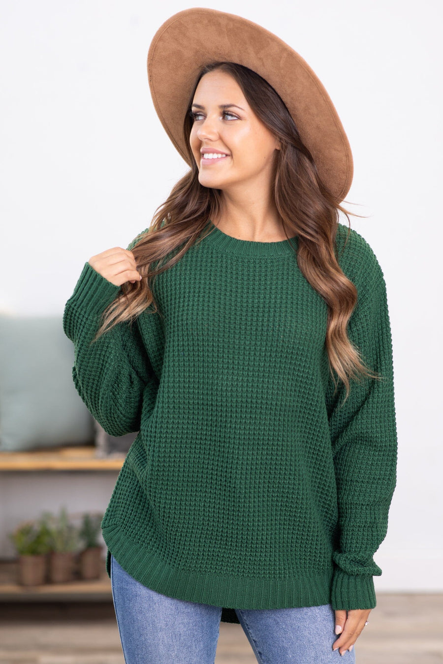 Green Waffle Knit Round Hem Sweater - Filly Flair