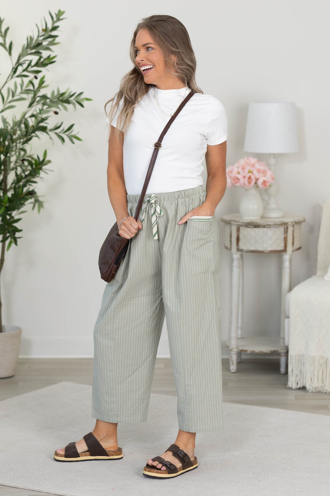 Sage Striped Linen High Waist Cropped Pants