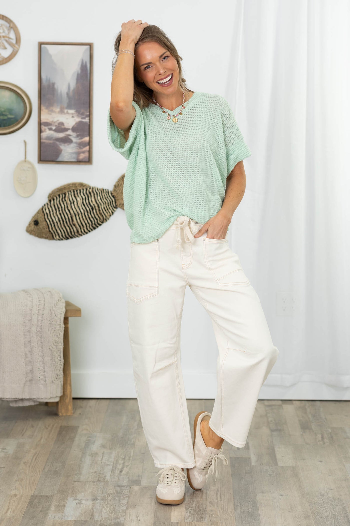 Waffle V-Neck Short Sleeve Top