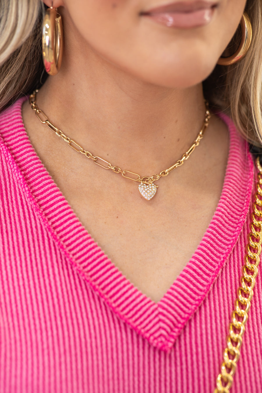 Gold Link Chain Rhinestone Heart Necklace