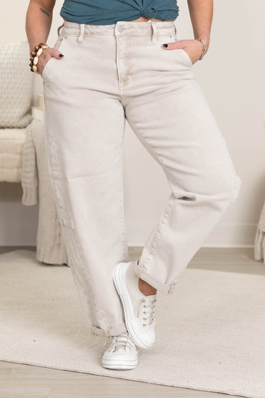 Risen Dusty Beige High Rise Relaxed Barrel Cuffed Pant