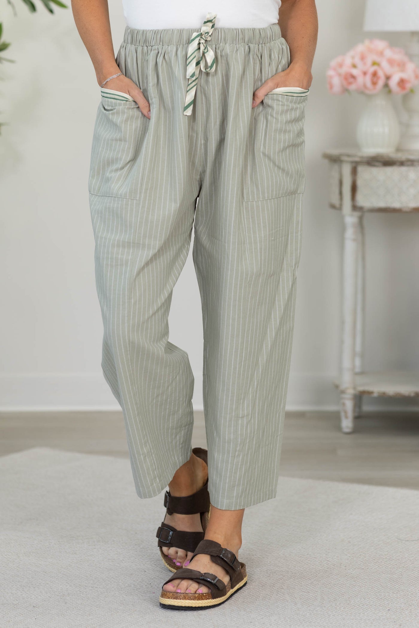 Sage Striped Linen High Waist Cropped Pants