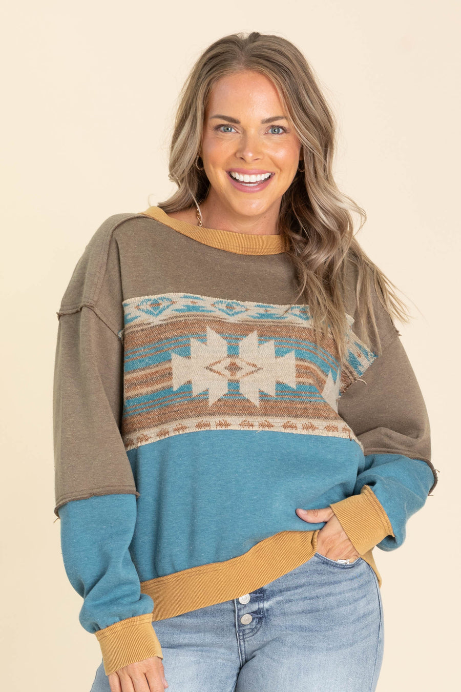 Brown And Teal Ethnic Print Knit Crewneck