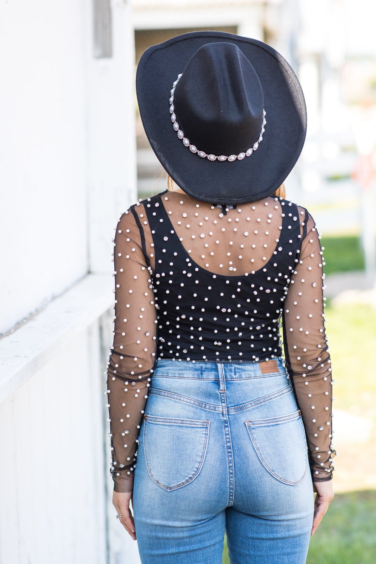 Black Rhinestone and Pearls Long Sleeve Top - Filly Flair