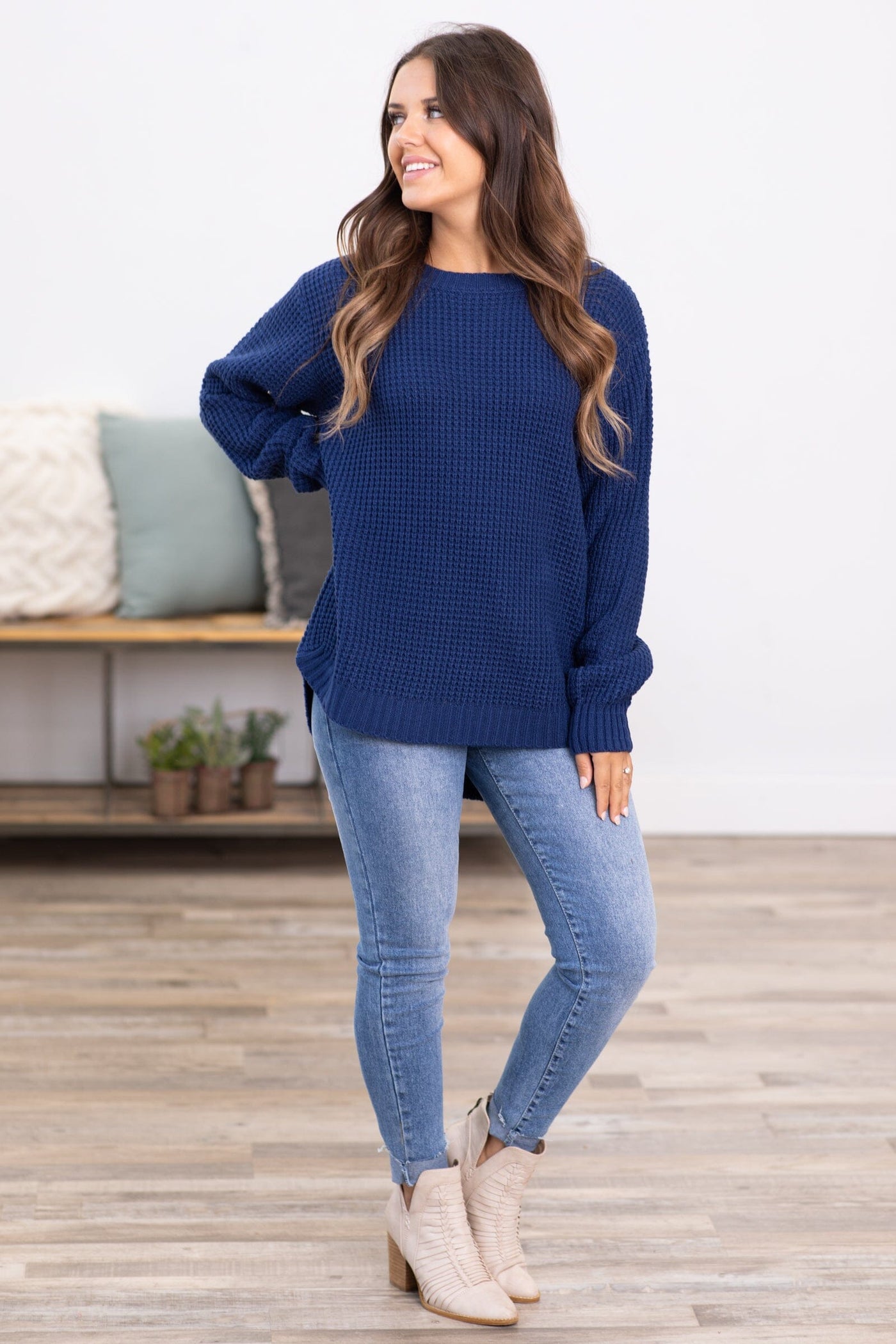 Navy Waffle Knit Round Hem Sweater - Filly Flair