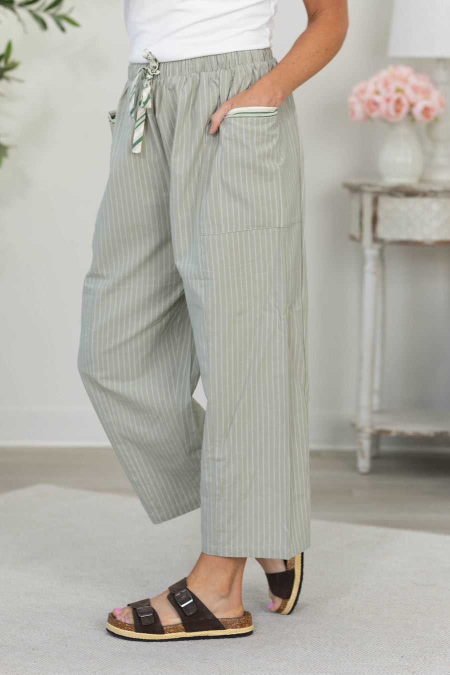 Sage Striped Linen High Waist Cropped Pants